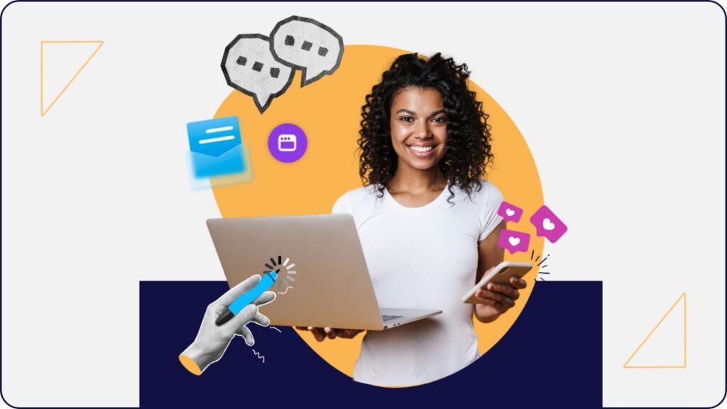 Woman with a laptop and a phone; text bubbles and a mail icon represent different methods for creating accessible content