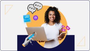 Woman with a laptop and a phone; text bubbles and a mail icon represent different methods for creating accessible content
