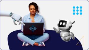 Woman using laptop as robot looks on, symbolizing human insight instead of AI for business