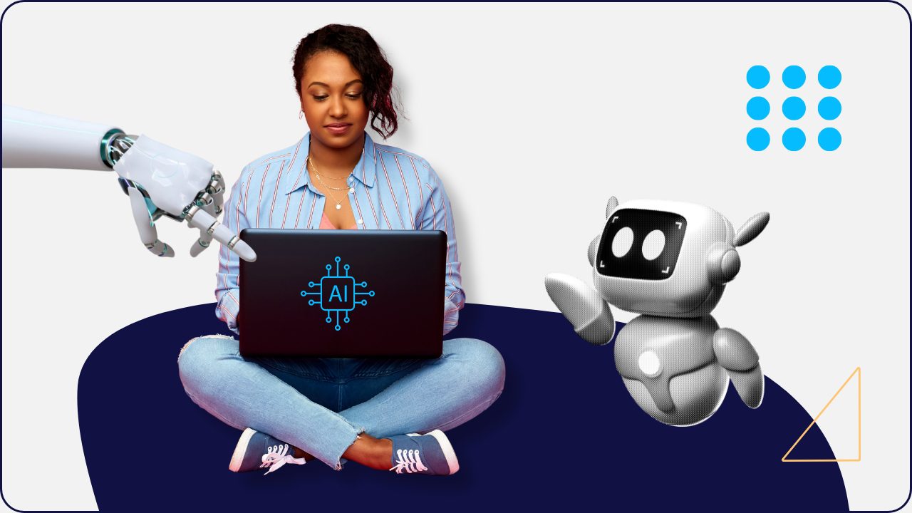 Woman using laptop as robot looks on, symbolizing human insight instead of AI for business