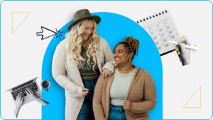 Two smiling women, a laptop next to one, and a pen and calendar next to the other, symbolizing different types of business owners