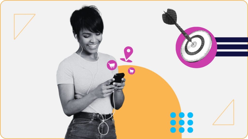 Smiling woman with phone, next to location pin and shopping cart icons, symbolizing how marketing relies on human insight