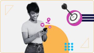 Smiling woman with phone, next to location pin and shopping cart icons, symbolizing how marketing relies on human insight