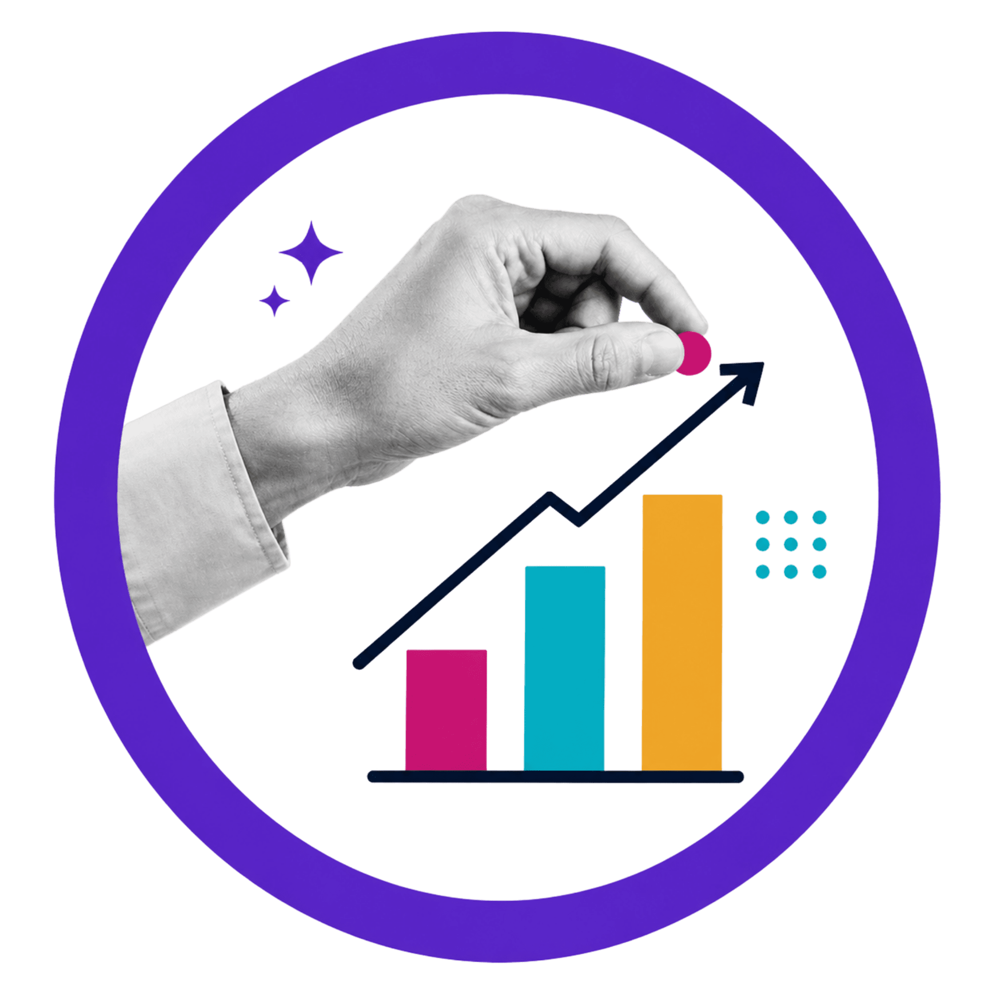 Illustration of a upward trend graph with a inlining arrow and bar chart, with a pointing hand emphasizing increasing performance.