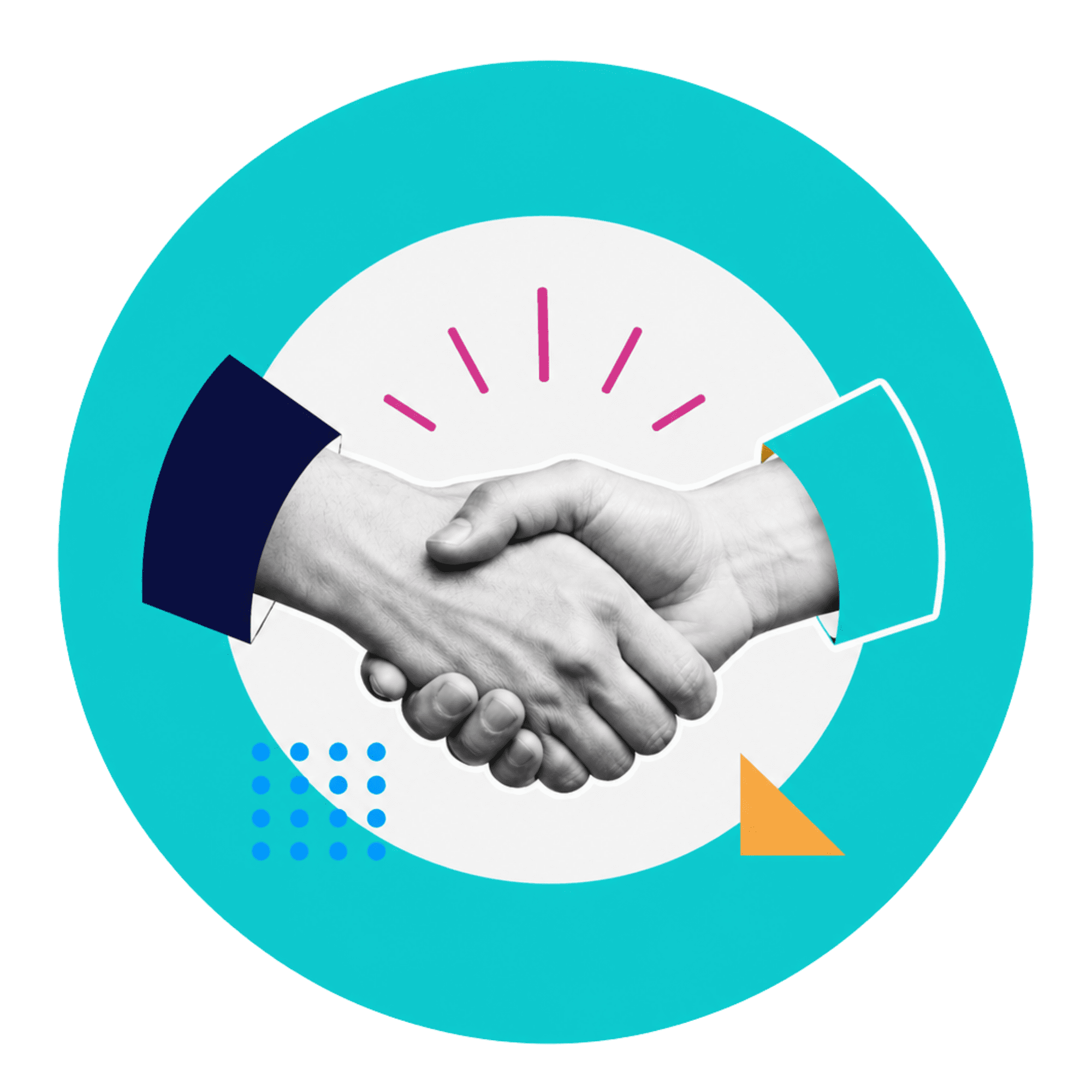 Black-and-white hands shaking inside a teal circular frame, accented with colorful geometric shapes and radiating lines. The illustration symbolizes partnership, trust, collaboration, and shared values.