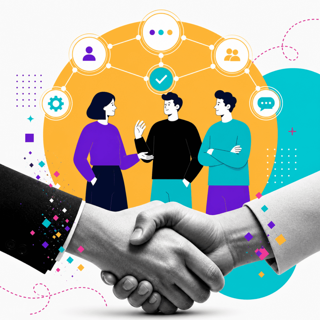 Illustration of two hands shaking in the foreground with three people collaborating in the background, surrounded by interconnected icons representing communication, systems, and community. Bright teal, purple, and gold accents emphasize trust, collaboration, and values-driven relationships.