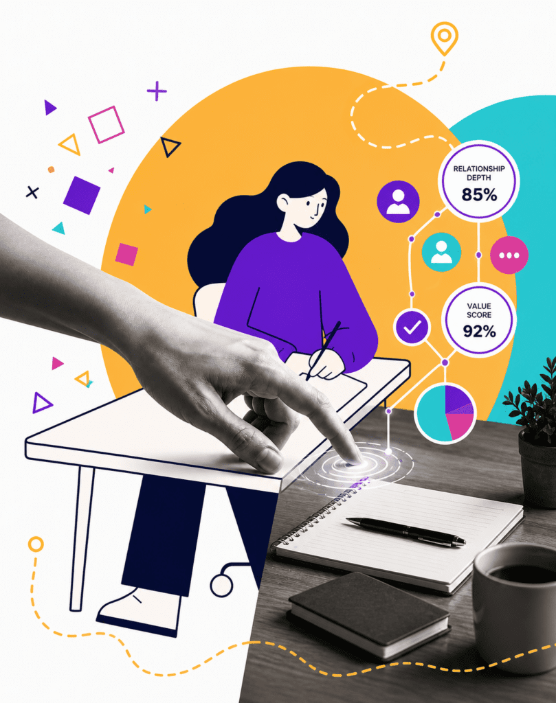 Mixed-media illustration showing a hand interacting with a workspace and notebook beside a stylized person writing at a desk. Colorful charts and relationship metrics, including “Relationship Depth 85%” and “Value Score 92%,” surround the scene, representing data-informed, values-driven decision making and customer insights.