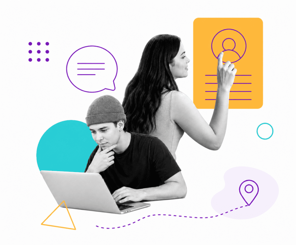 Black-and-white images of two people representing different customer personas, with one working on a laptop and the other interacting with a profile card. Colorful speech bubbles, location markers, and geometric accents illustrate audience insights, communication, and customer journey mapping.