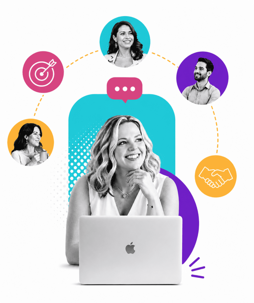 Black-and-white portrait of a smiling woman working on a laptop, surrounded by colorful circles featuring people and icons for goals, communication, and partnerships. Dotted lines connect the elements, illustrating relationship-building, collaboration, and a values-driven network.