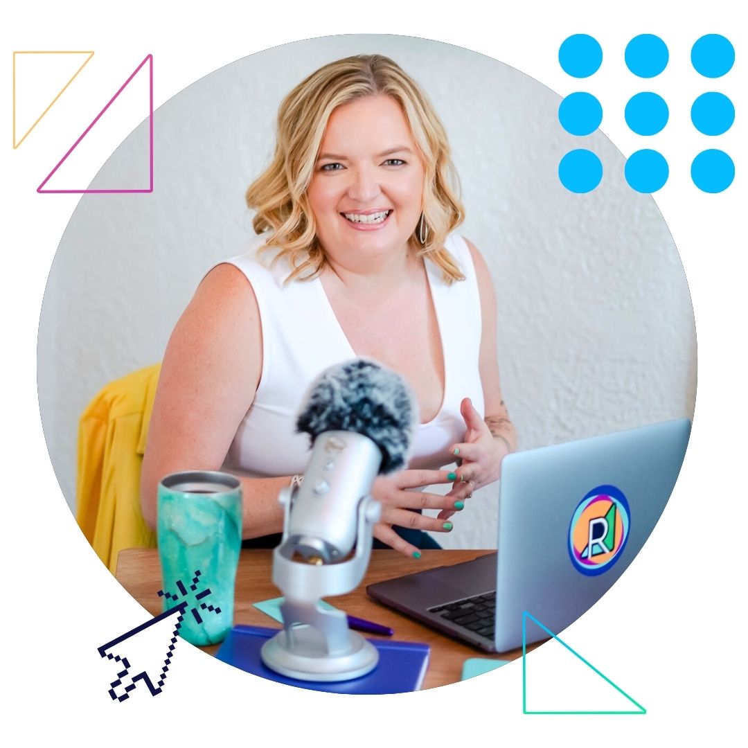 a smiling Renia Carsillo sitting at a desk, ready to record her Small Stage, Big Impact podcast