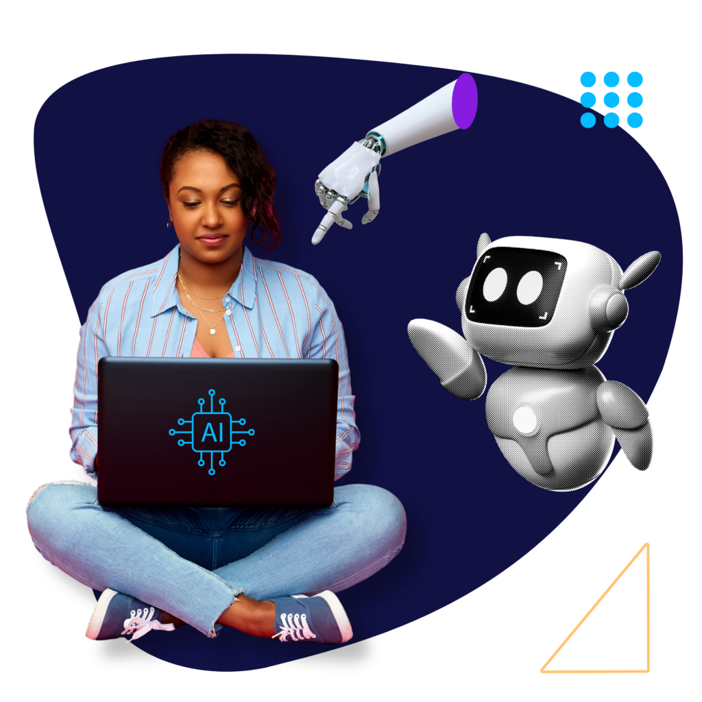 Woman using laptop as robot looks on, symbolizing human insight instead of AI for business