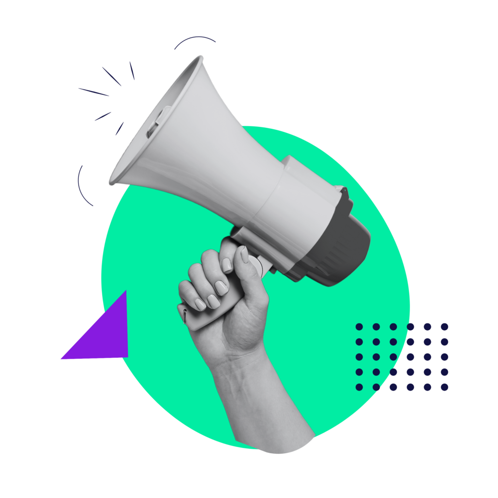 Black-and-white hand holding a megaphone against a bright green circle with abstract geometric accents. The image symbolizes communication, brand awareness, and amplifying messages to reach and engage audiences.