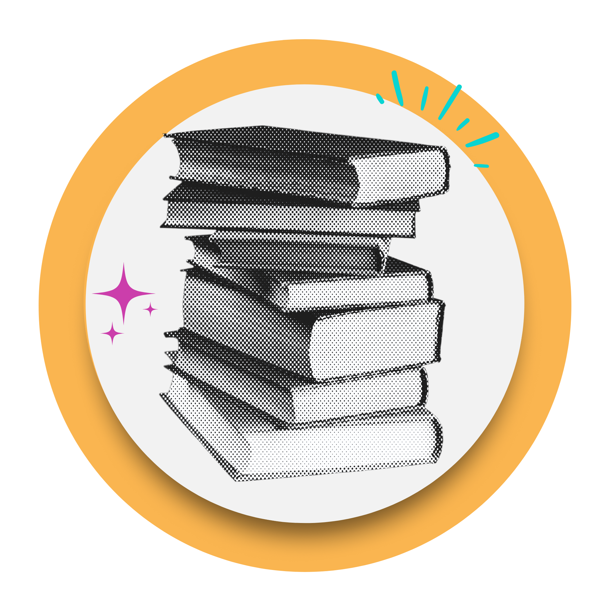 Stack of books in black-and-white halftone style inside a yellow speech bubble, with colorful accent shapes around the image.