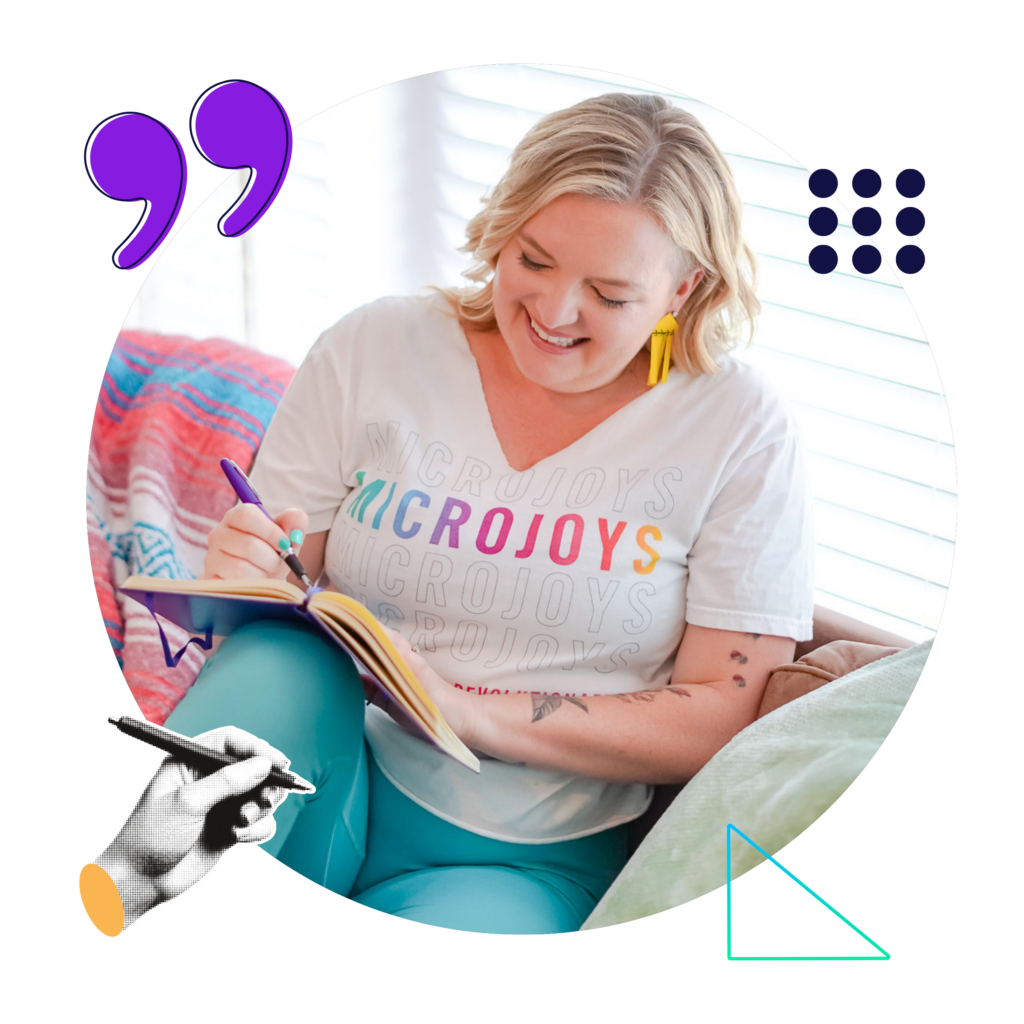 Circular photo of Renia Carsillo, business strategist for Realign Consulting, writing in a notebook while sitting on a couch, wearing a “Microjoys” T-shirt and bright teal pants. Decorative quote marks, geometric accents, and an illustrated hand holding a pen surround the image, suggesting reflection, creativity, and journaling.