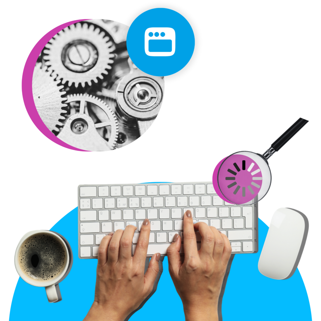 Collage-style illustration of hands typing on a white keyboard with a coffee cup, computer mouse, magnifying glass, and mechanical gears. Bright blue and pink accents with software icons create a modern retro-inspired workspace scene.