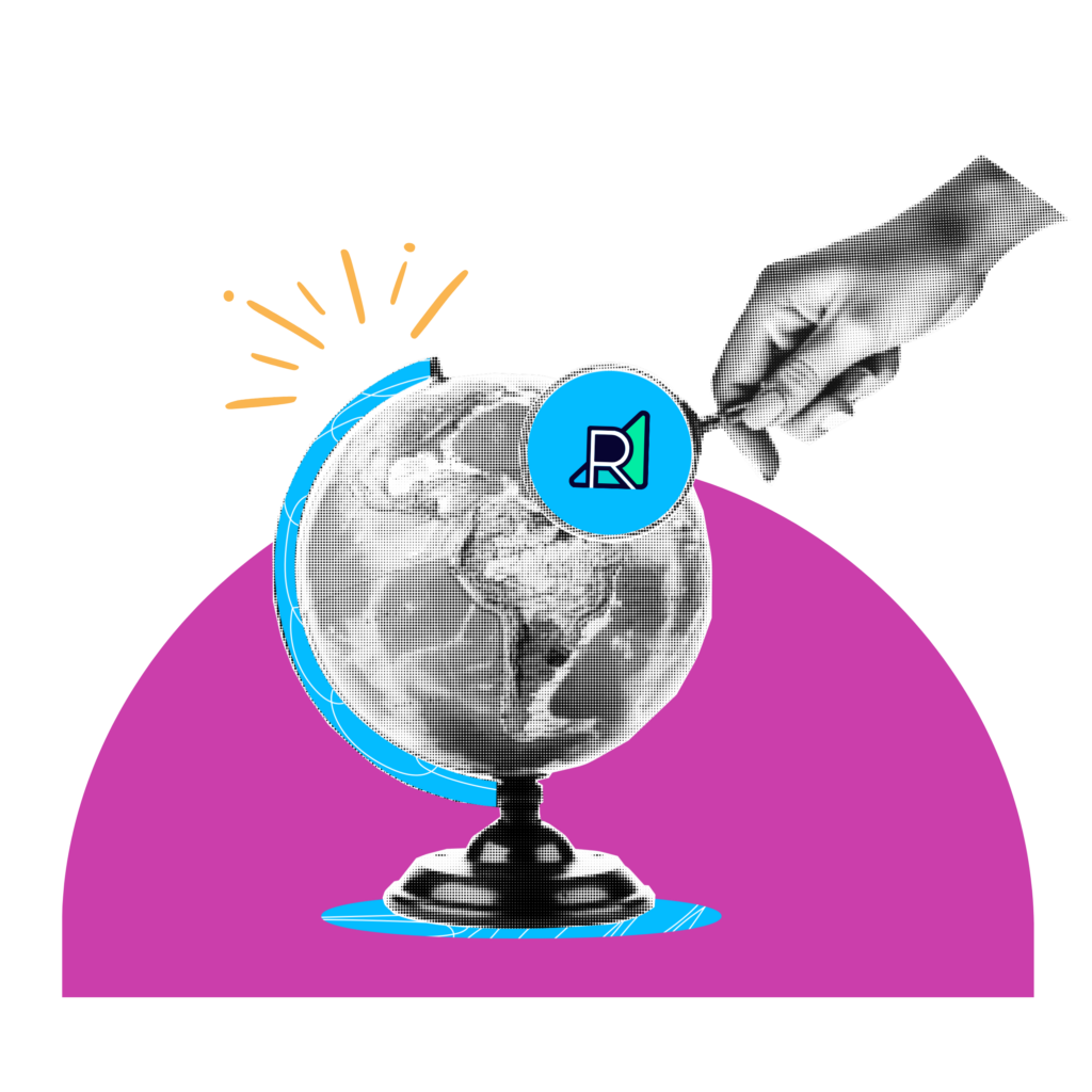 Illustration of a globe viewed through a magnifying glass with an eye inside, symbolizing research, insight, and global perspective.