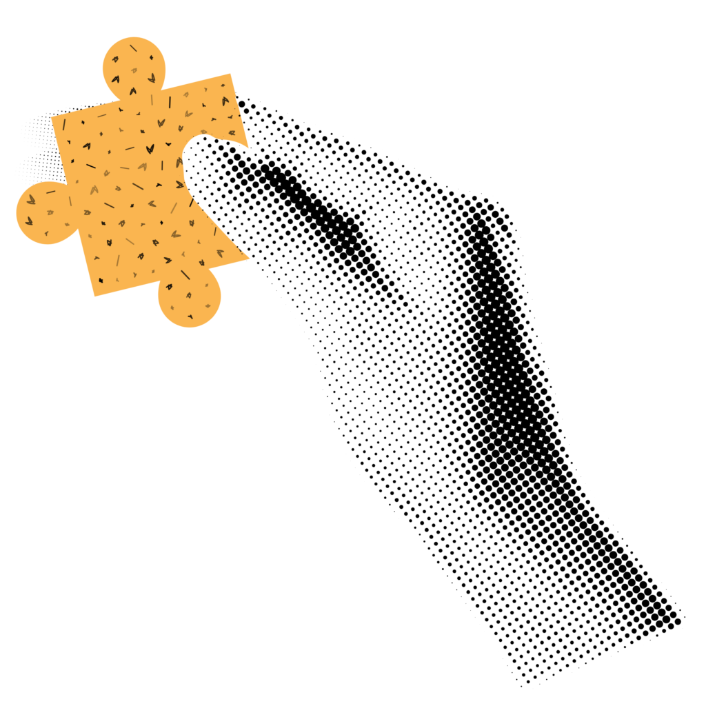 Black-and-white halftone illustration of a hand placing a yellow puzzle piece with a speckled texture. The minimalist collage design features bold shapes and high-contrast retro styling.
