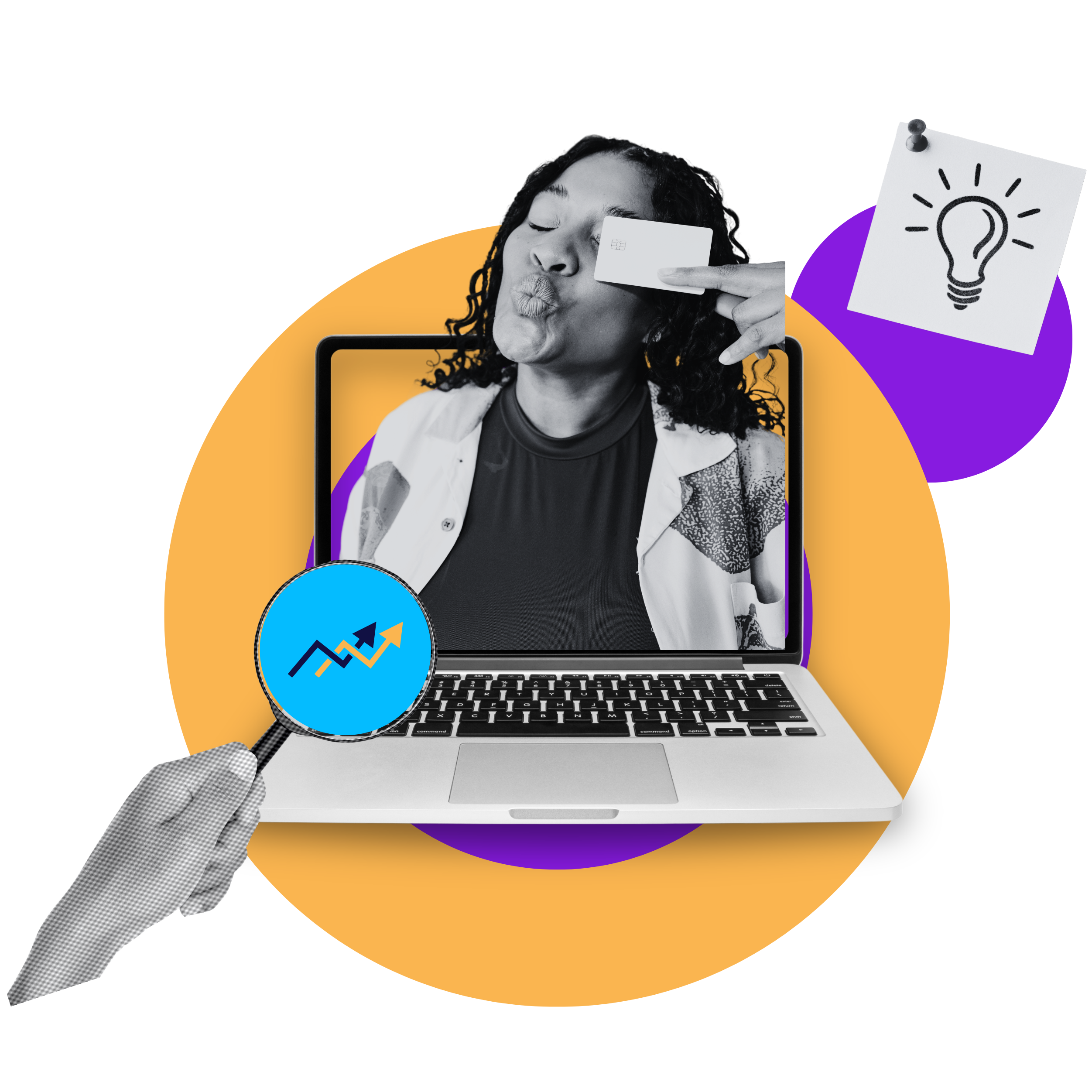 Black-and-white collage illustration of a woman emerging from a laptop screen while holding a card, with a magnifying glass, growth chart icon, and hand-drawn light bulb note nearby. Bold yellow and purple shapes create a playful retro-inspired composition.