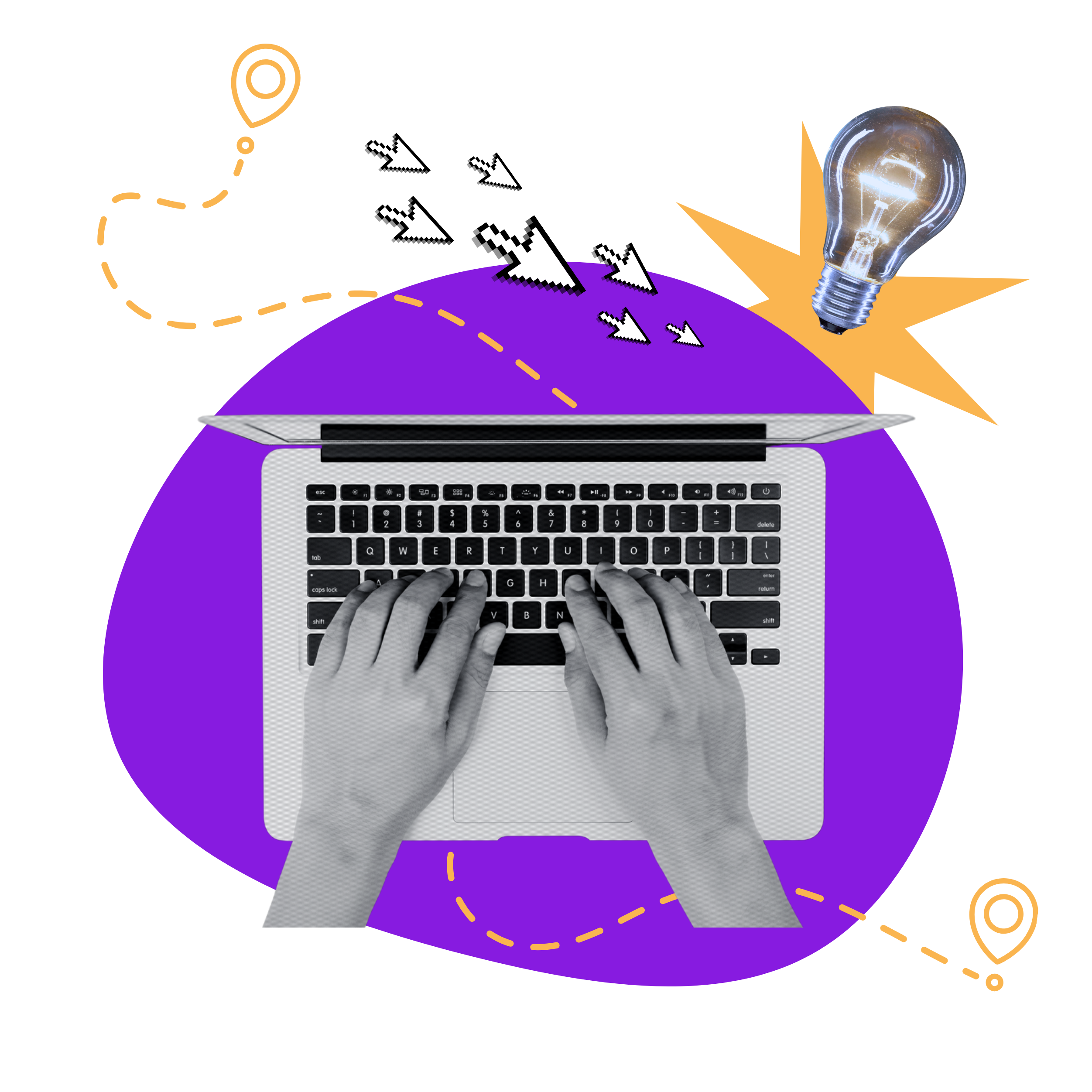 Black-and-white illustration of hands typing on a laptop, surrounded by pixel-style cursors, dotted path graphics, and glowing light bulb accents. Bold purple and yellow shapes create a playful retro collage design.
