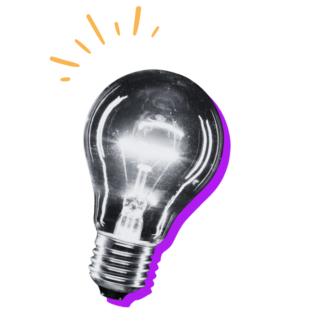 Black-and-white glowing light bulb with a purple shadow accent and yellow hand-drawn rays radiating from the top. The illustration has a retro collage style with bold, colorful highlights.
