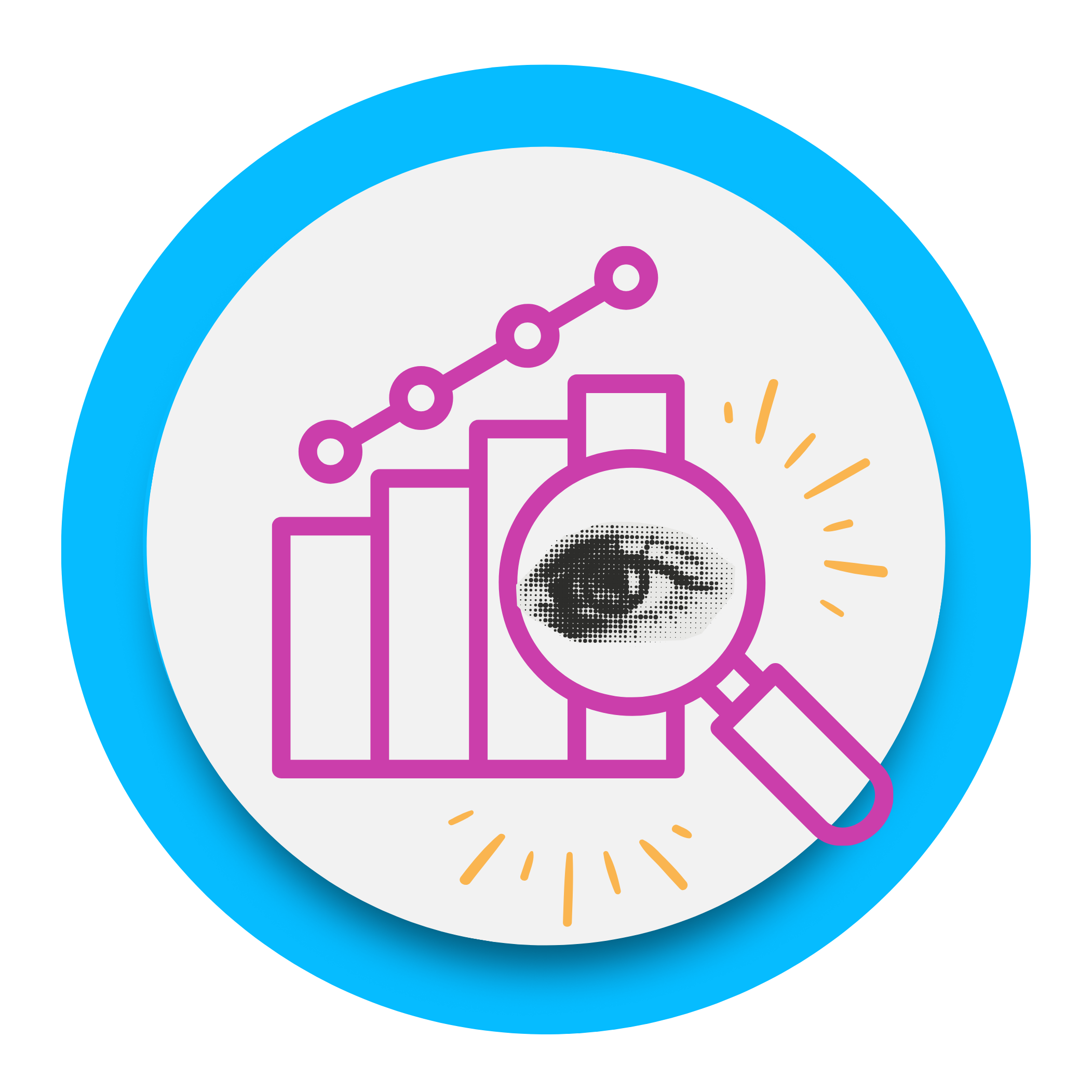 Illustrated icon of a bar chart with an upward trend line and a magnifying glass highlighting a stylized eye. The graphic represents analyzing data, gaining insights, and using metrics to make informed business decisions.
