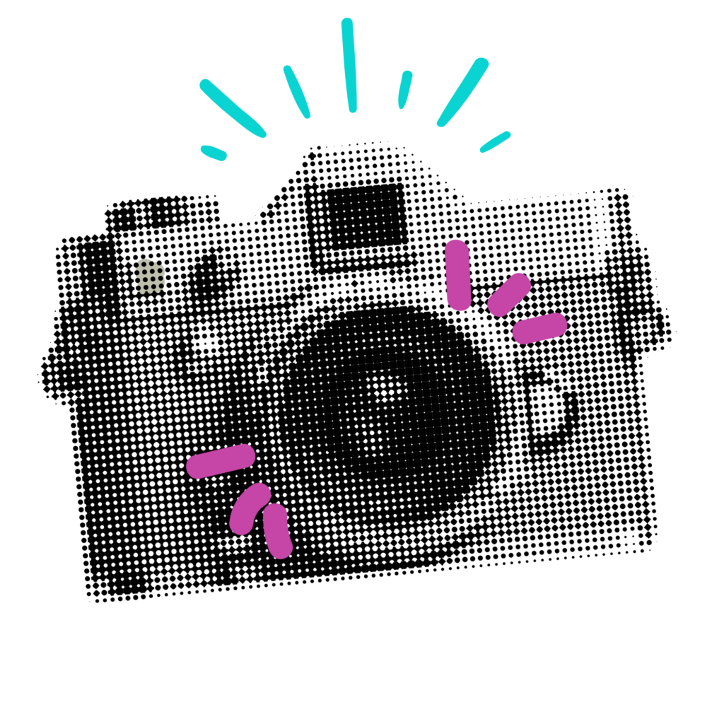 Black-and-white halftone camera with teal and pink accent lines around the lens and top of the camera.