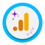 Three vertical bars of increasing height with purple sparkle accents inside a blue speech bubble.