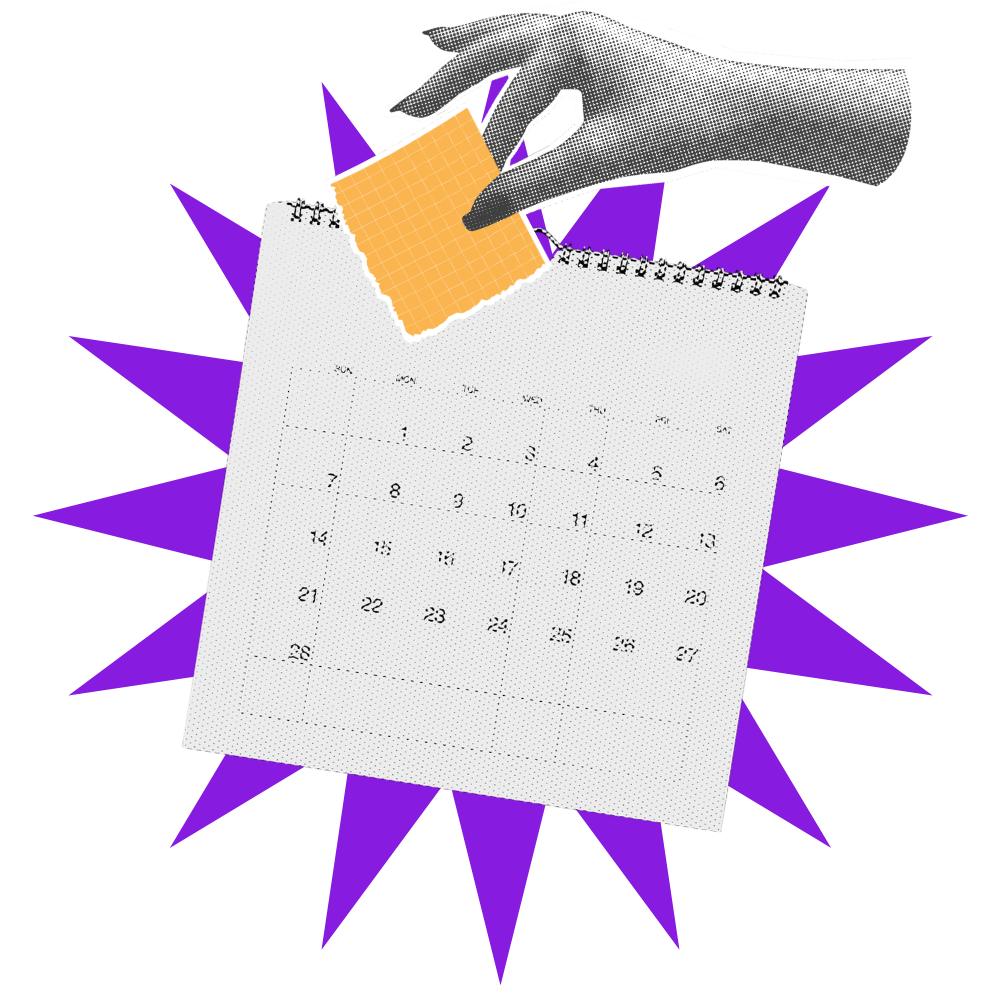 Black-and-white hand placing a yellow sticky note on a paper calendar, with a purple starburst background.