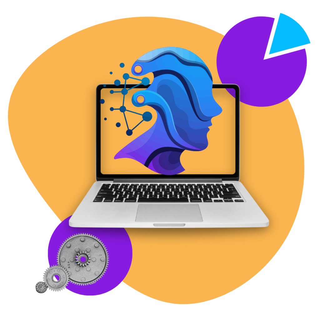 Laptop displaying a stylized blue profile with connected nodes, with gear icons and a pie chart on a yellow background.