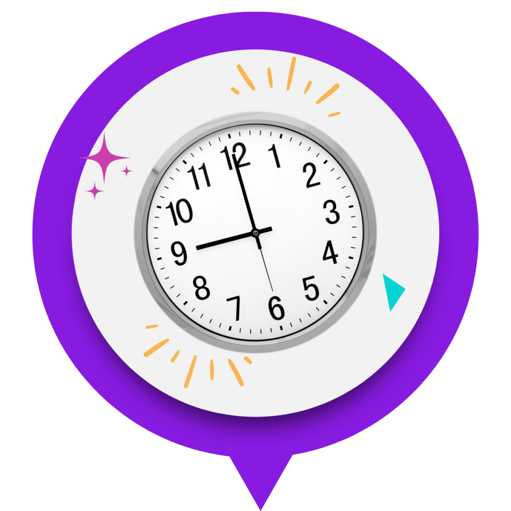 Round wall clock showing approximately 8:58, surrounded by colorful accent shapes inside a purple speech bubble.