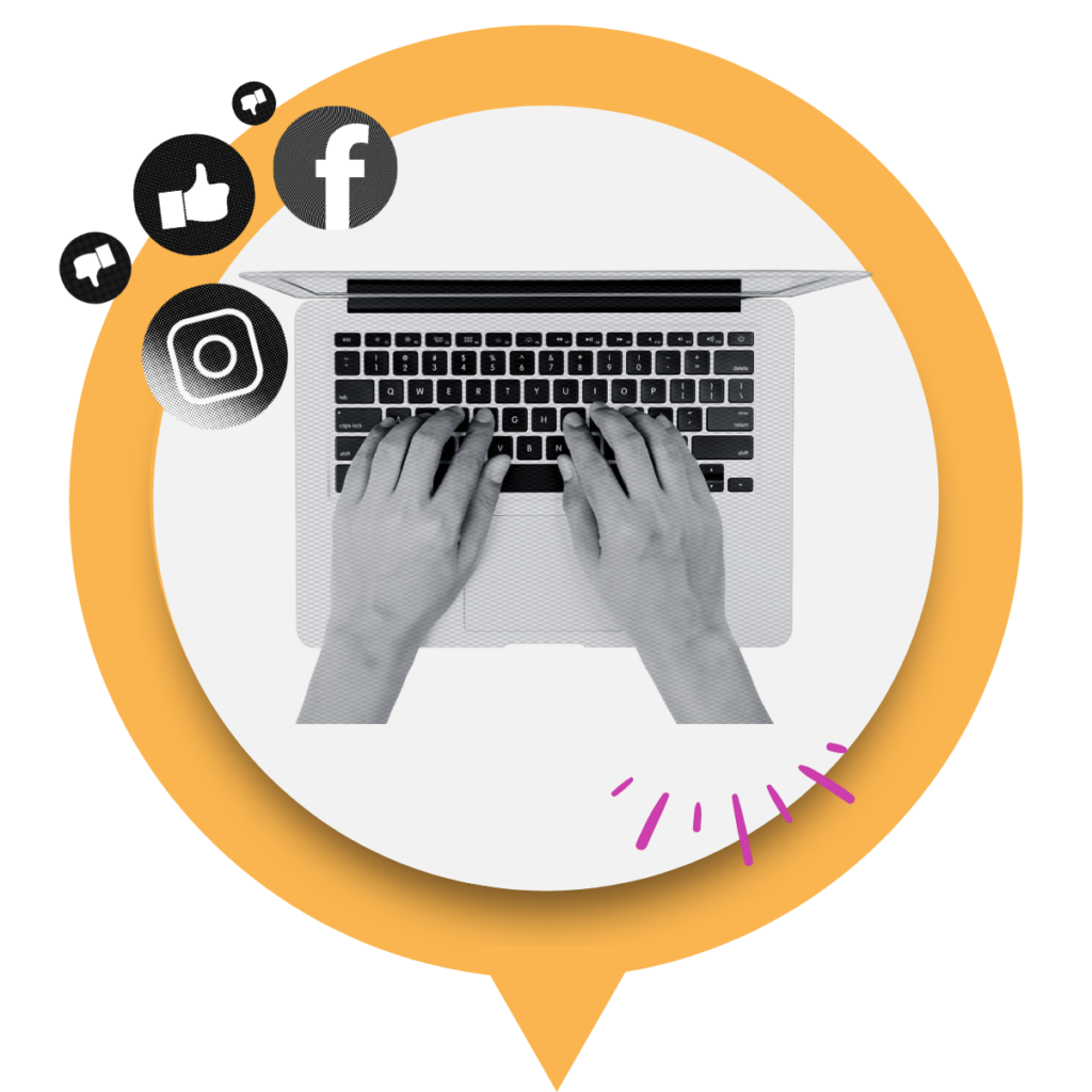 Hands typing on a laptop keyboard with Facebook and Instagram icons and reaction symbols inside a yellow speech bubble.