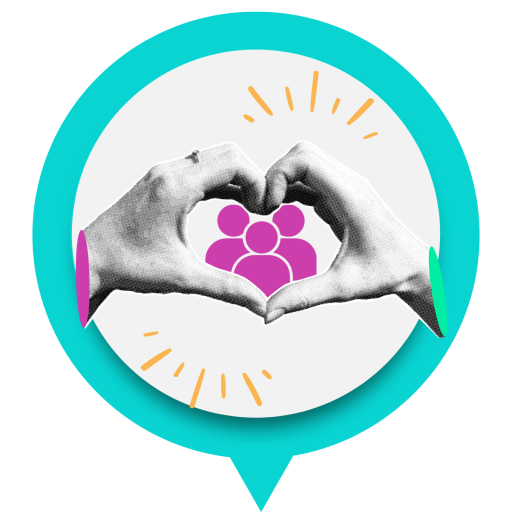 Two black-and-white hands forming a heart shape around a pink group icon, with yellow accent lines inside a teal speech bubble.