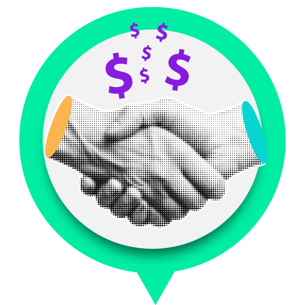 Black-and-white handshake with purple dollar signs above, inside a green speech bubble with yellow and teal accents on the sleeves.