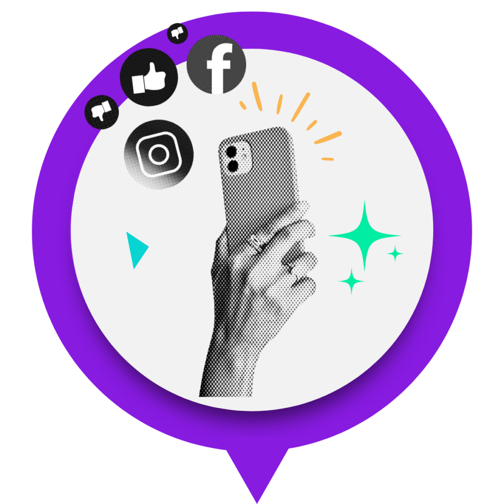 Black-and-white hand holding a smartphone with Facebook and Instagram icons and reaction symbols inside a purple speech bubble.