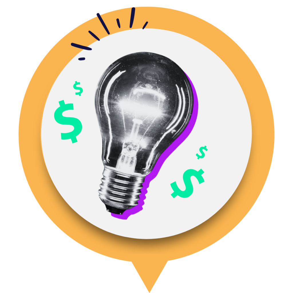 Black-and-white light bulb with green dollar signs and colorful accent lines inside a yellow speech bubble.