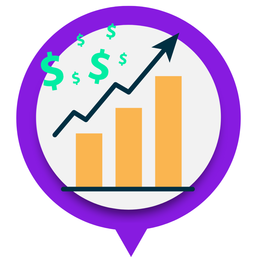 Bar chart with an upward-trending arrow and dollar signs above the graph inside a purple speech bubble.