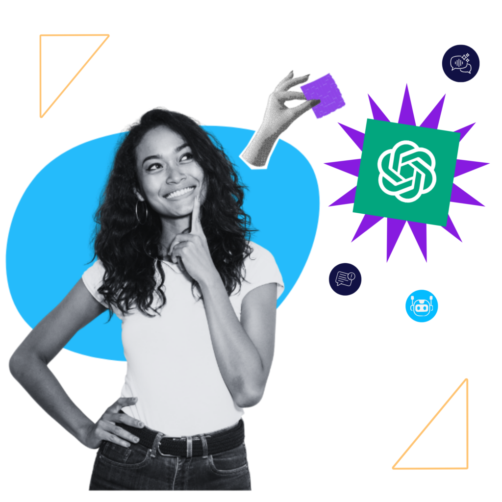 Smiling woman with her finger to her chin, next to the ChatGPT logo and chat box icons symbolizing prompts for digital marketing