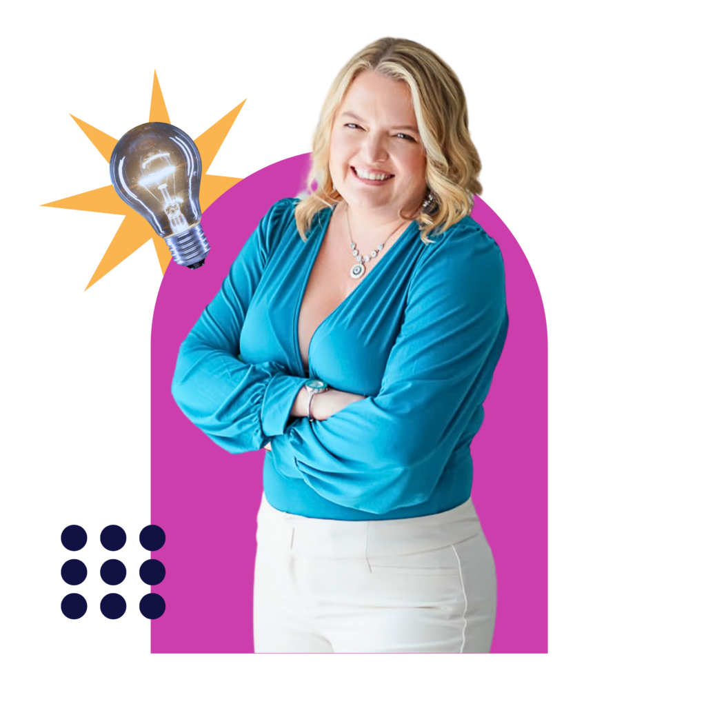 Portrait of a smiling woman with folded arms against a bold magenta background shape. A glowing light bulb and graphic elements surround her, symbolizing creativity, ideas, and thought leadership.