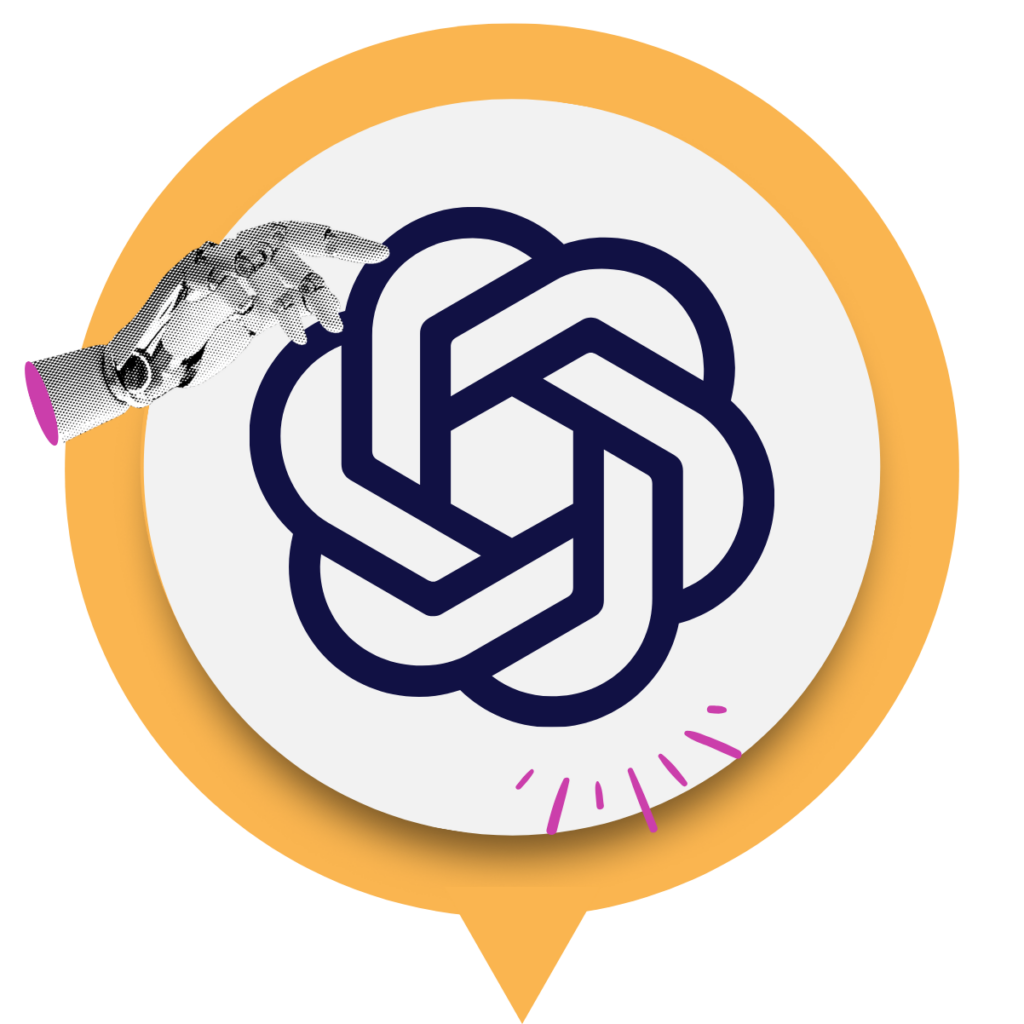 ChatGPT logo inside a yellow speech bubble with a black-and-white robotic hand reaching toward it and pink accent lines below.