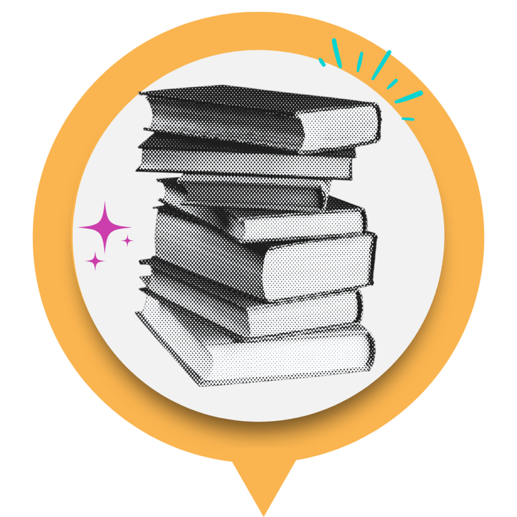 Stack of books in black-and-white halftone style inside a yellow speech bubble, with colorful accent shapes around the image.