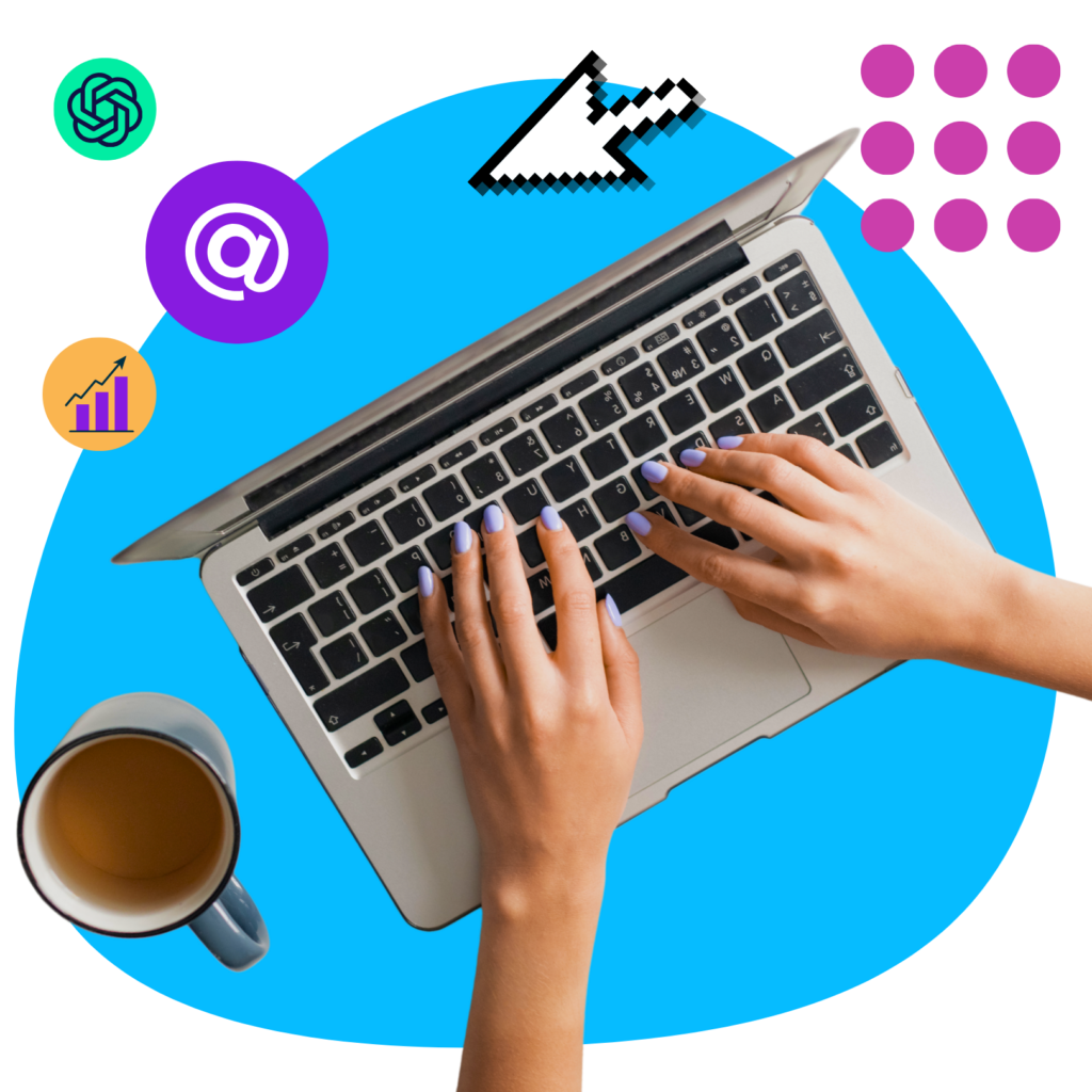 Hands typing on a laptop keyboard with a coffee mug and icons for ChatGPT, email, analytics, and a cursor surrounding the screen.