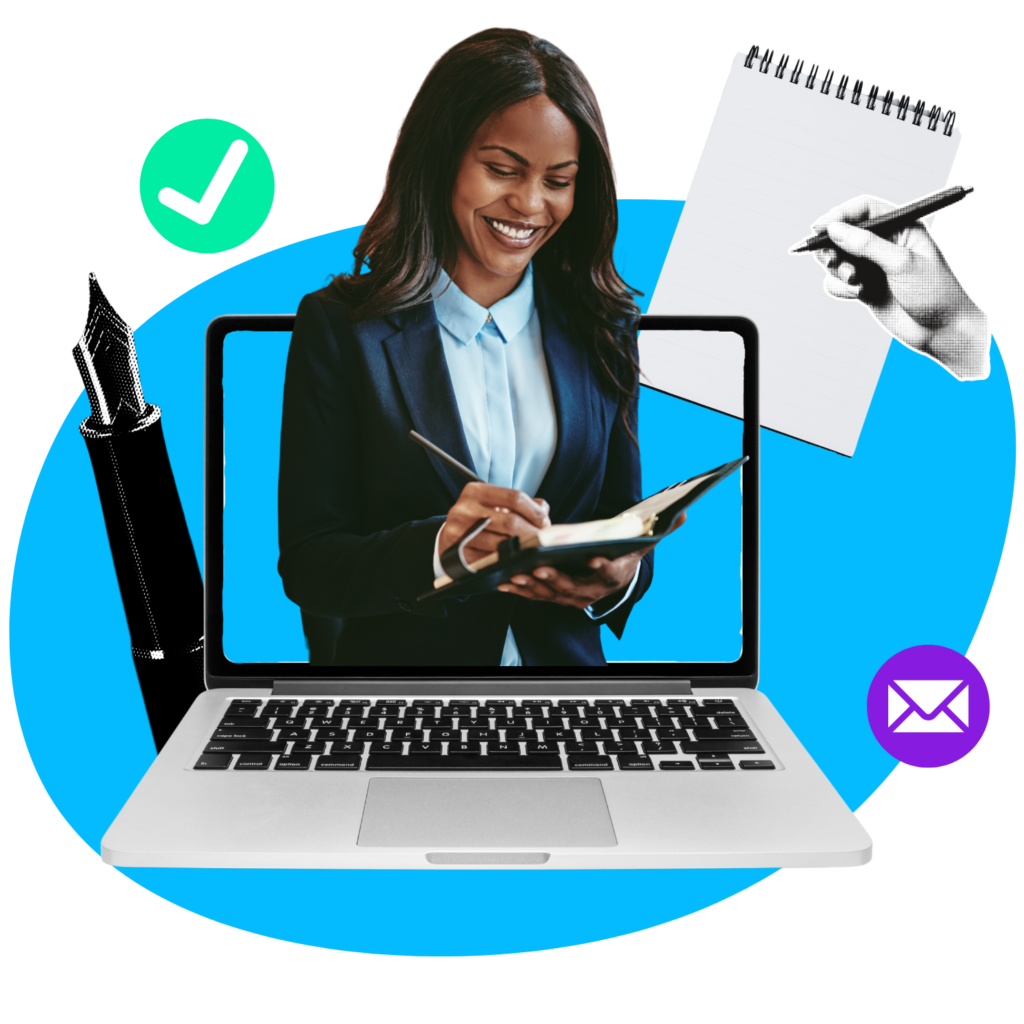 Woman writing in a notebook while appearing on a laptop screen, with a checkmark icon, notepad, pen, and email icon surrounding the scene.