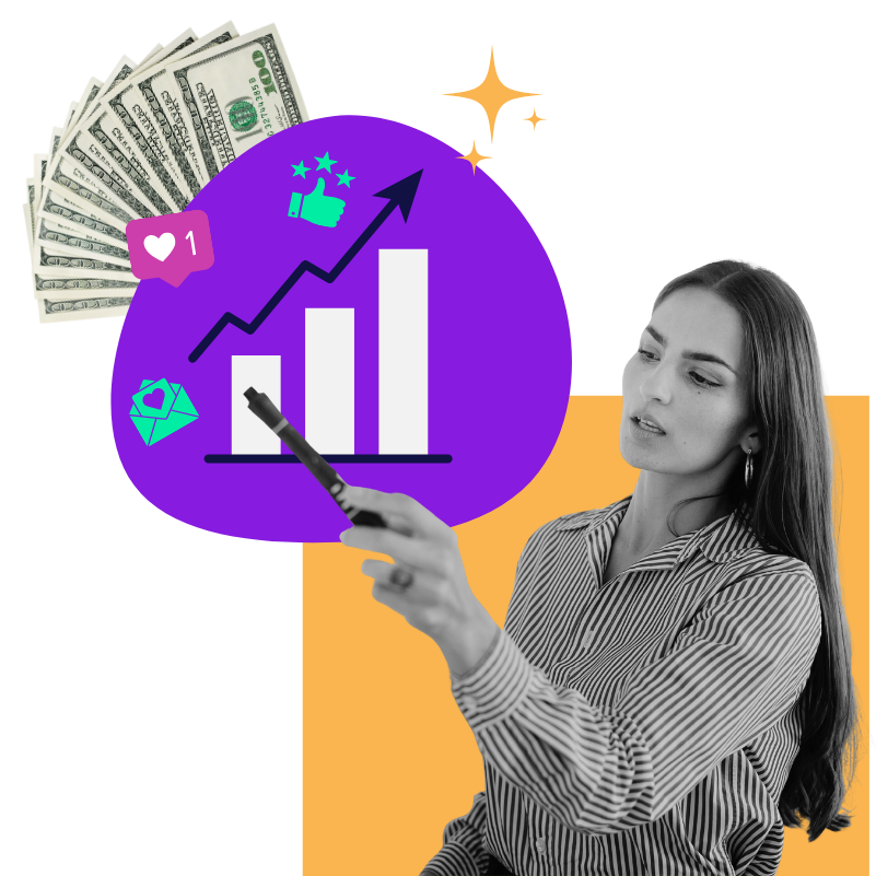 Illustration of a woman pointing to a rising bar chart with social media icons and cash, symbolizing business growth, engagement, and revenue.