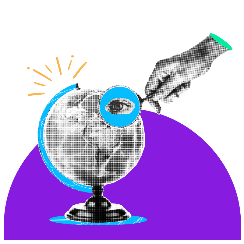 Illustration of a globe viewed through a magnifying glass with an eye inside, symbolizing research, insight, and global perspective.