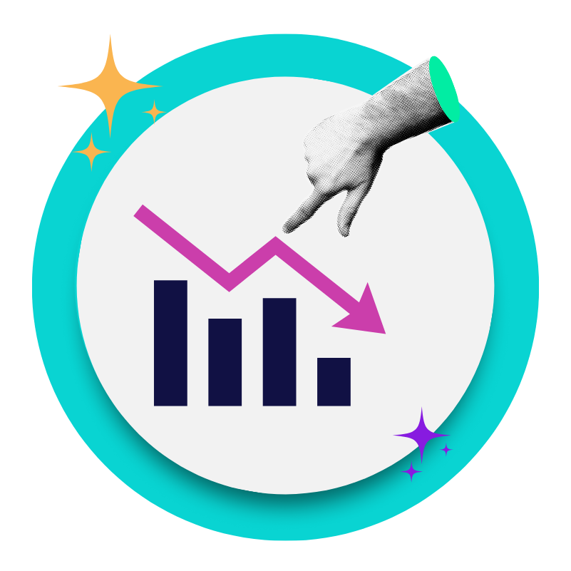Illustration of a downward trend graph with a declining arrow and bar chart, with a pointing hand emphasizing decreasing performance.