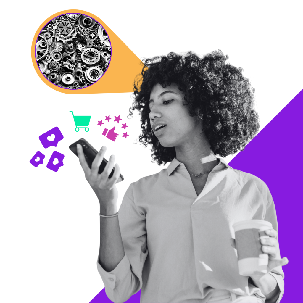 Black-and-white collage of a woman looking at her phone while holding a coffee cup, surrounded by social media engagement icons, a shopping cart, and customer feedback symbols. A cluster of gears in a speech bubble suggests the systems and processes working behind customer interactions and digital experiences.