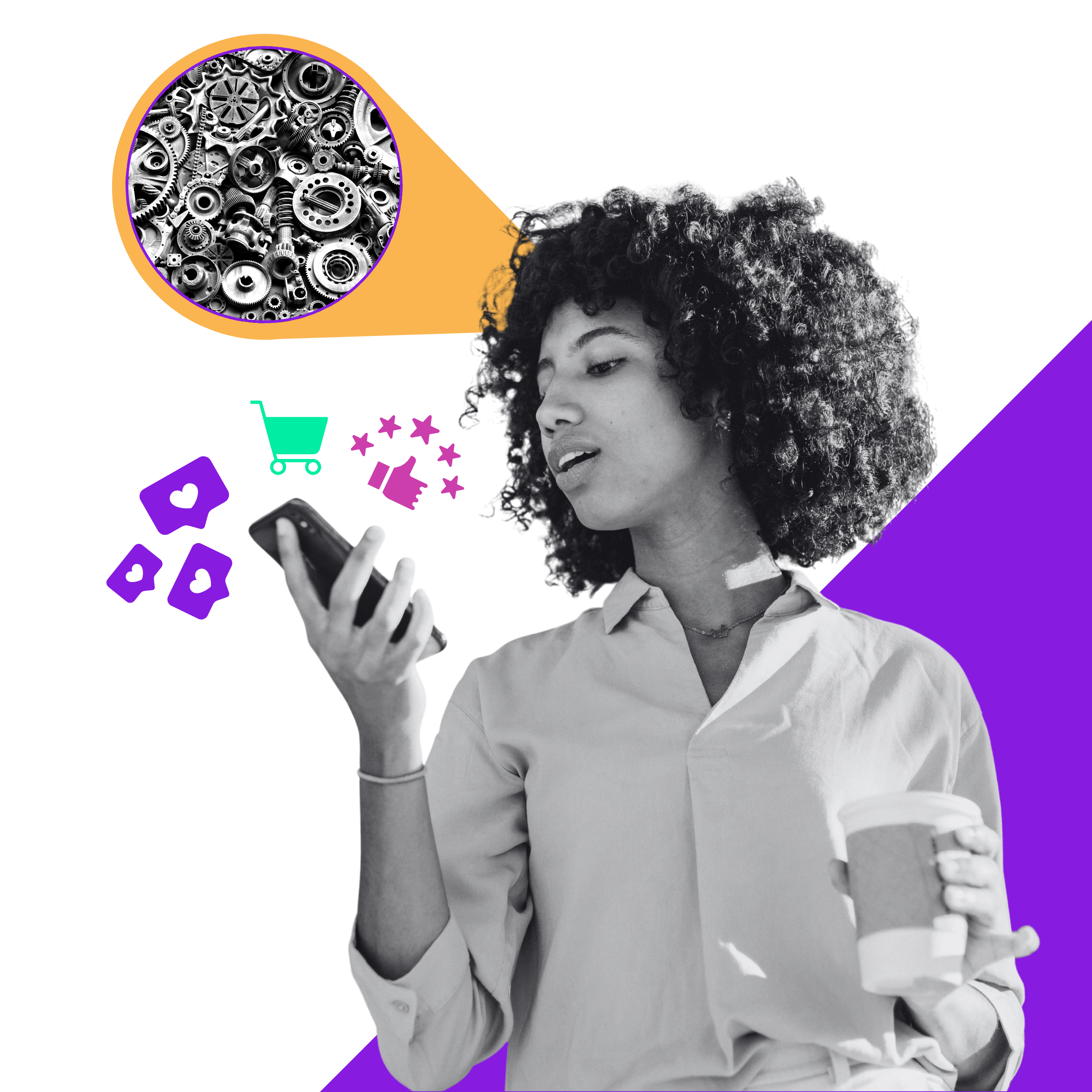 Black-and-white collage of a woman looking at her phone while holding a coffee cup, surrounded by social media engagement icons, a shopping cart, and customer feedback symbols. A cluster of gears in a speech bubble suggests the systems and processes working behind customer interactions and digital experiences.