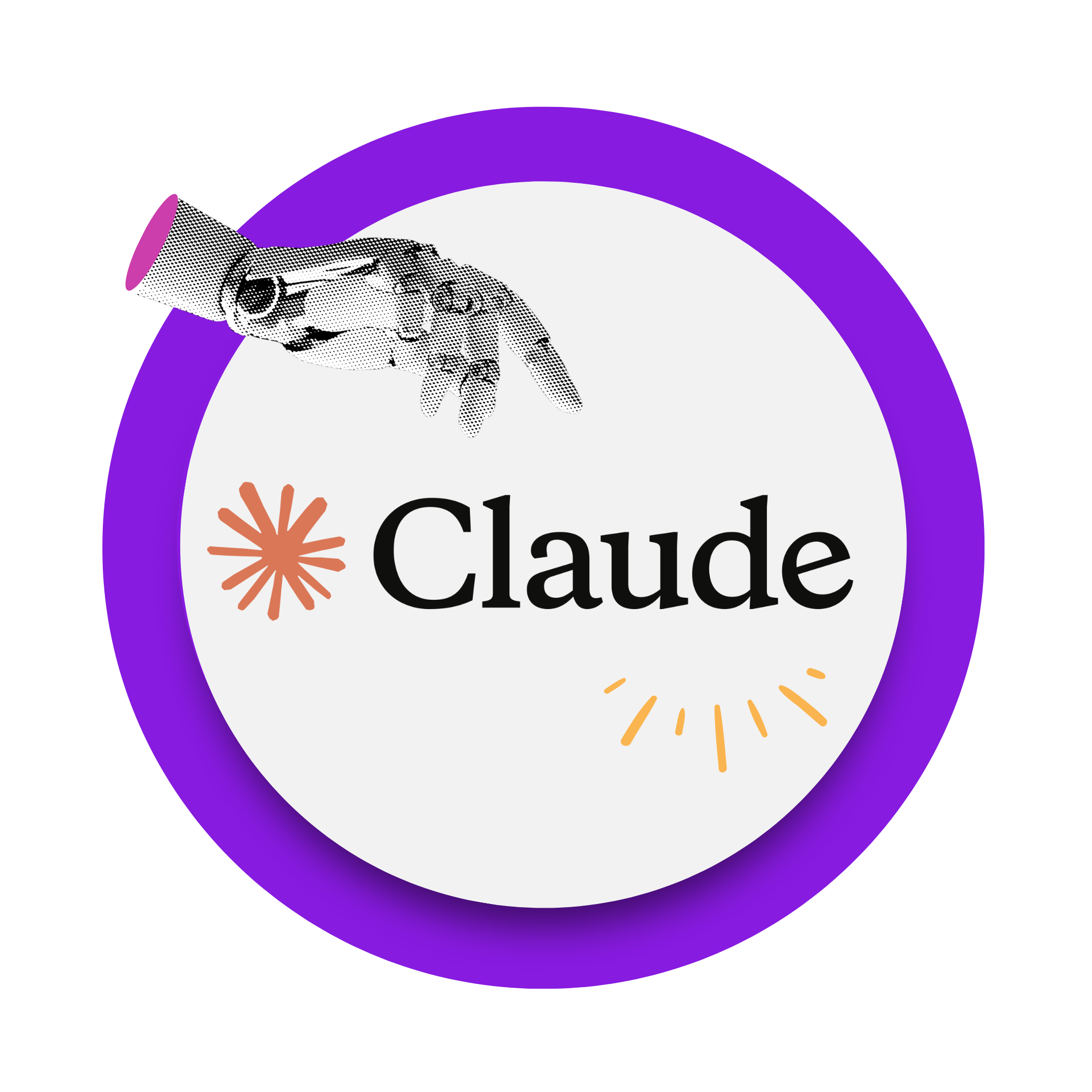Illustrated badge featuring the Claude AI logo inside a speech bubble, with a vintage pointing hand and decorative accent lines. The graphic represents Claude as an AI assistant for writing, brainstorming, and business support.