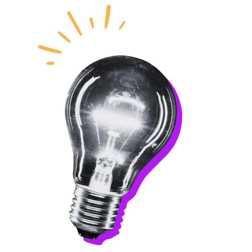 Black-and-white glowing light bulb with a purple shadow accent and yellow hand-drawn rays radiating from the top. The illustration has a retro collage style with bold, colorful highlights.