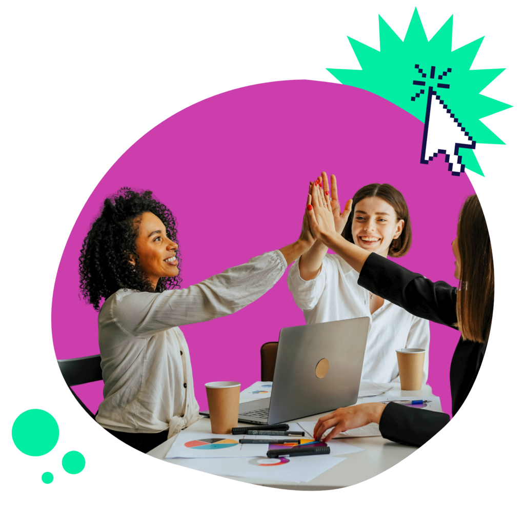Photo of three coworkers gathered around a laptop, smiling and exchanging a high five during a meeting. Bright pink and teal graphic shapes and a cursor icon add energy, emphasizing collaboration, teamwork, and shared success.
